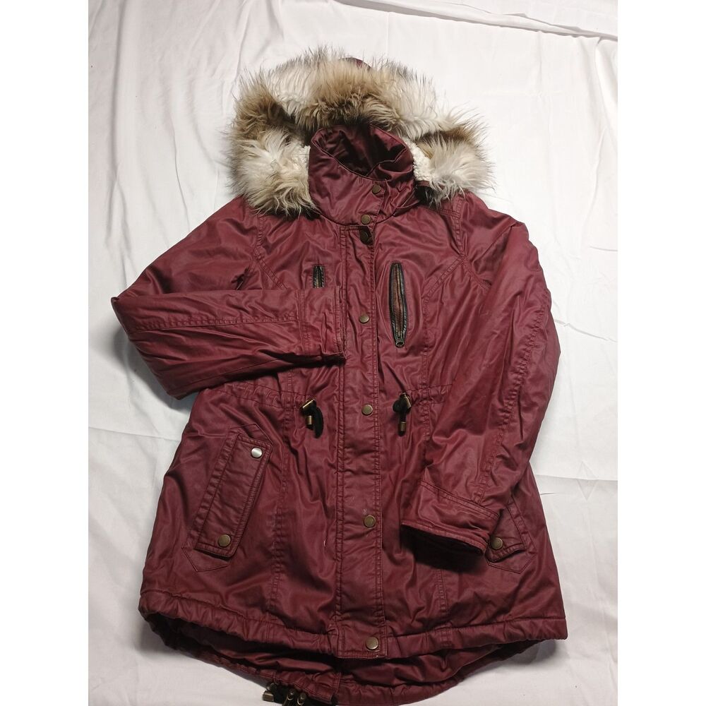 American Rag Cle Women's S Burgundy Coated Cotton Faux Fur Hood Parka Coat